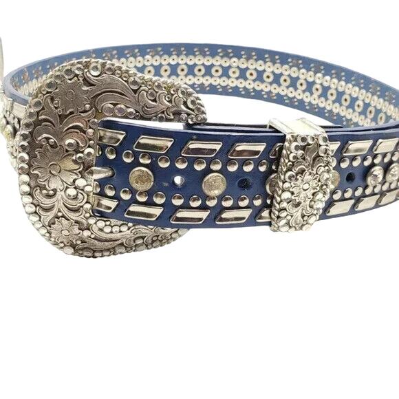 Nocona Blue Leather Belt Clear Crystal Stud Silver Tone Buckle Western Small 26" - Picture 10 of 16